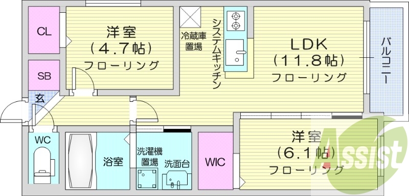 2LDK、エアコン、システムキッチン、ペット相談可