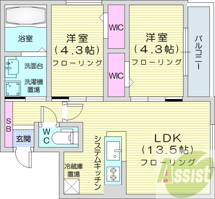 2LDK、エアコン、システムキッチン、ペット相談可
