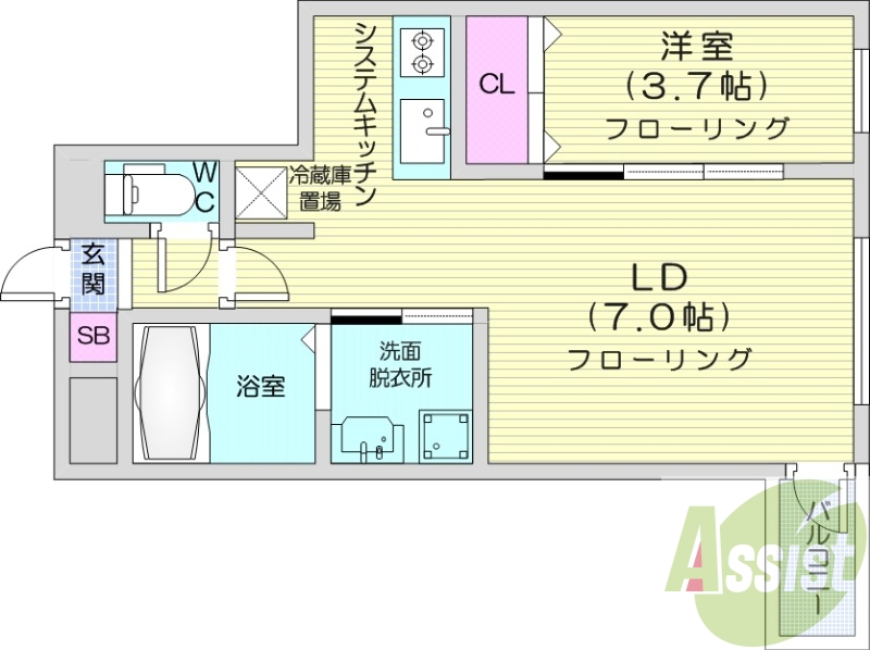 1LDK、エアコン、システムキッチン、灯油暖房