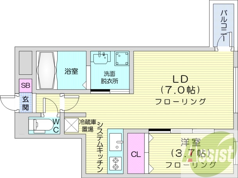 1LDK、エアコン、システムキッチン、灯油暖房