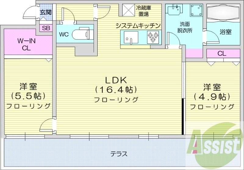 2LDK、都市ガス、エアコン、浴室乾燥機、追い焚き
