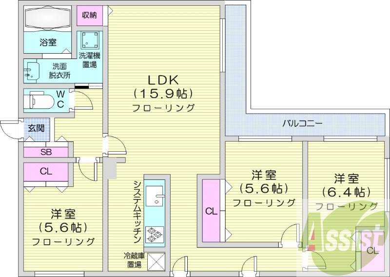 3LDK、エアコン、追い焚き、システムキッチン、ネット無料