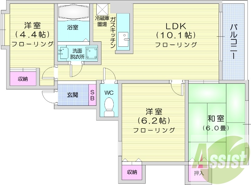 3LDK、バストイレ別、独立洗面台、室内洗濯機置場
