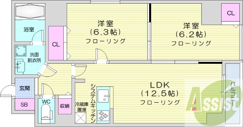 2LDK、エアコン、都市ガス、システムキッチン、追い焚き機能