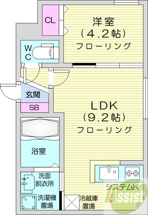 1LDK、エアコン、浴室乾燥機、独立洗面台、システムキッチン