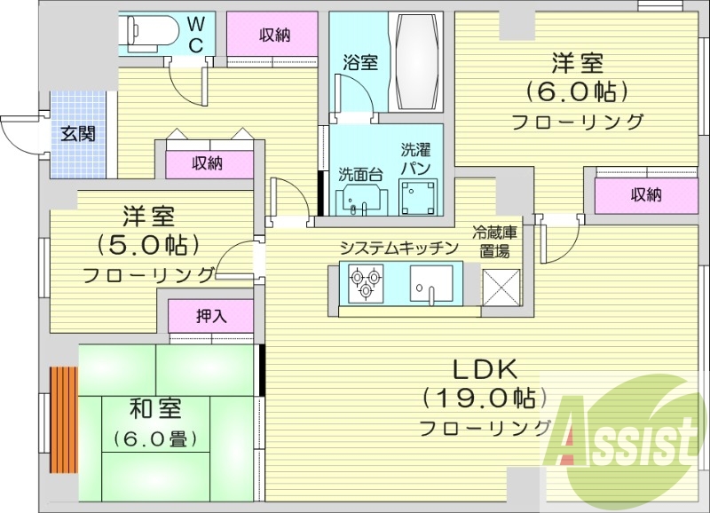 3LDK、エアコン、都市ガス、システムキッチン