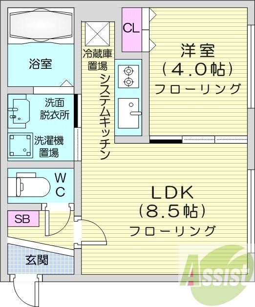 1LDK、エアコン、独立洗面台、システムキッチン
