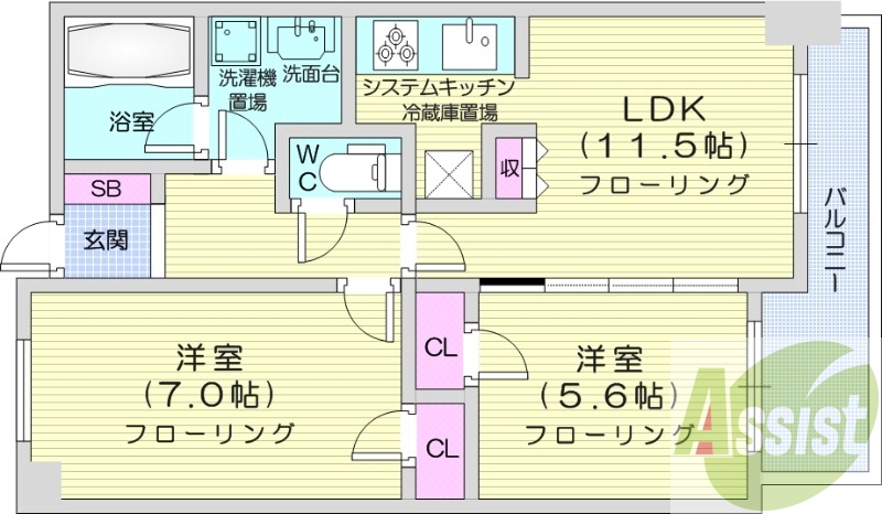 2LDK、独立洗面台、エアコン、ガス暖房、バルコニー