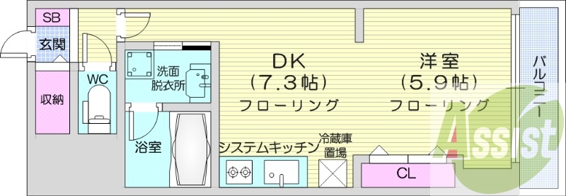 1DK、エアコン、独立洗面台、システムキッチン
