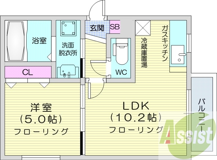 1LDK、都市ガス、角部屋、ネット無料、シャワートイレ