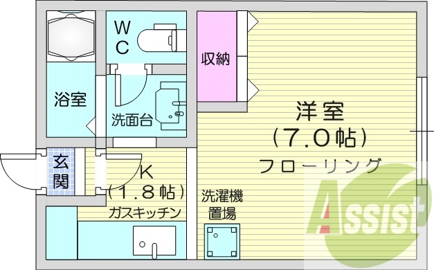 １K、洗面所独立、収納、洗濯機置場、バストイレ別
