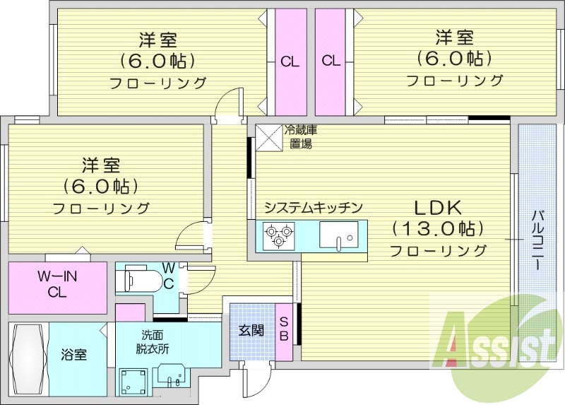 3LDK、ガスリミット、エアコン、TV付浴室
