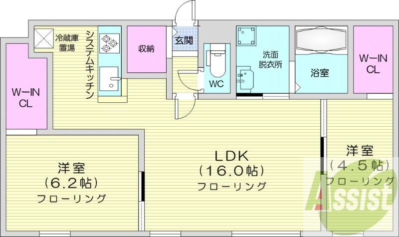 2LDK、エアコン、浴室乾燥機。システムキッチン