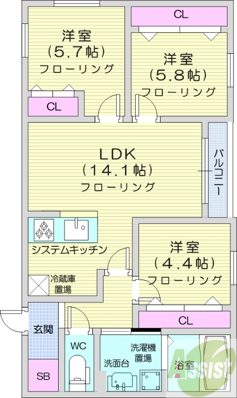 3LDK、都市ガス、エアコン、システムキッチン
