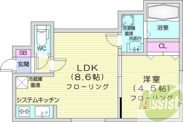 1LDK、ネット使用料不要、オートロック、システムキッチン