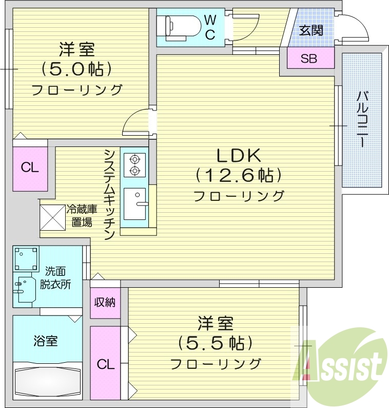 2LDK、追い焚き、浴室乾燥機、エアコン