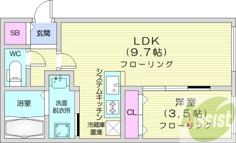 1LDK、エアコン、システムキッチン、ネット使用料不要