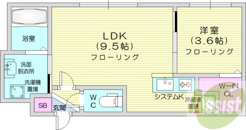 1LDK、エアコン、システムキッチン、ネット使用料不要