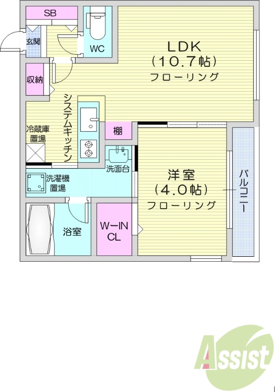 1LDK、都市ガス、エアコン、独立洗面台、システムキッチン