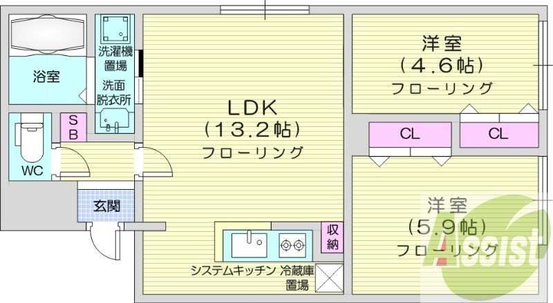 2LDK、エアコン、システムキッチン、ネット無料
