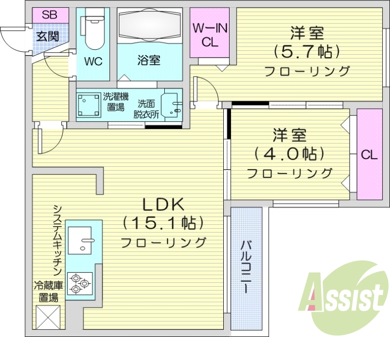 2LDK、エアコン、システムキッチン、ネット無料