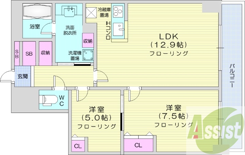 2LDK、オートロック、オール電化、バストイレ別