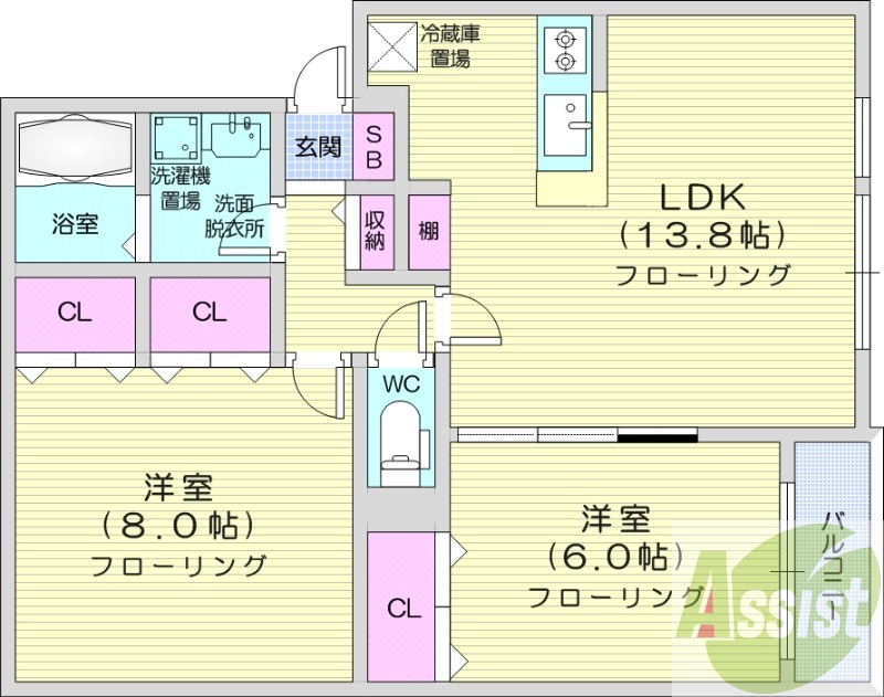 2LDK、浴室乾燥機、エアコン、独立洗面台、追い焚き