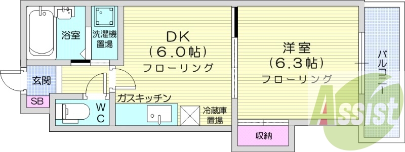1DK、都市ガス、洗面台、シャワートイレ、バス・トイレ別