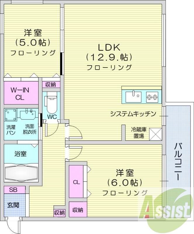 2LDK、オール電化、オートロック、システムキッチン