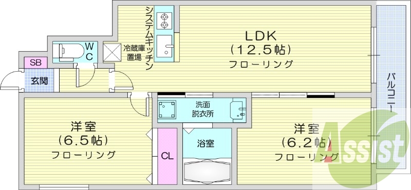 2LDK、システムキッチン、エアコン、シャンプードレッサー