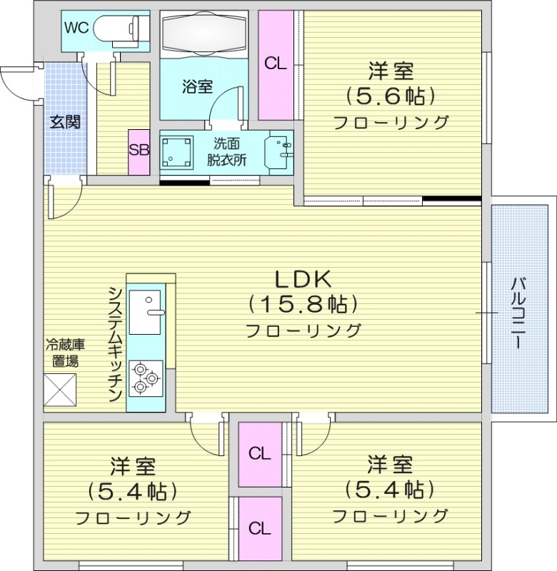 3LDK、エアコン、追い焚き、システムキッチン。オートロック