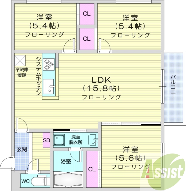 3LDK、エアコン、追い焚き、システムキッチン。オートロック