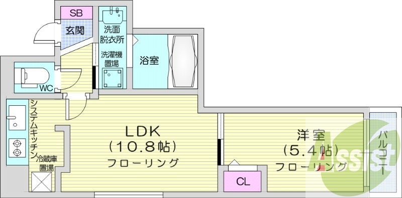 1LDK、都市ガス、エアコン、浴室乾燥機、システムキッチン