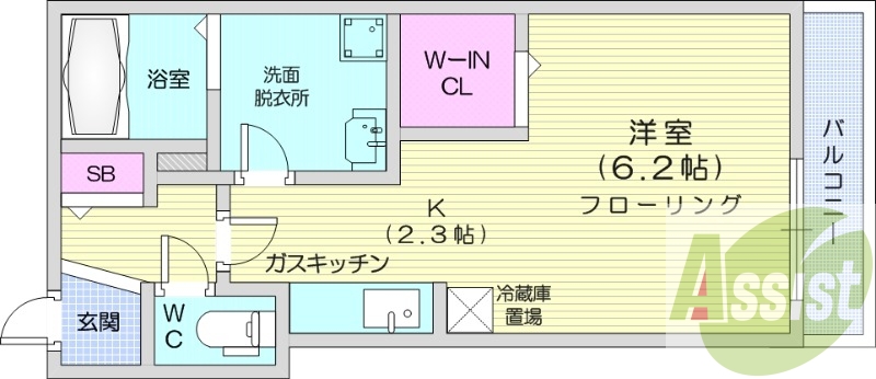 1K、エアコン、独立洗面台、ネット無料、オートロック