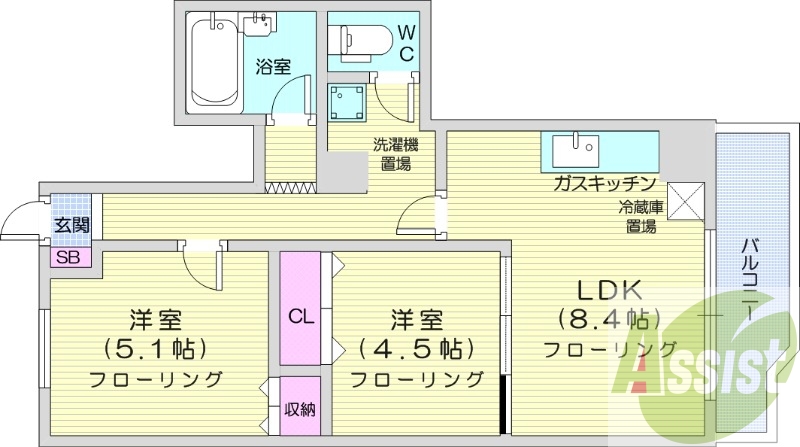 2LDK、都市ガス、光ファイバー、シャワートイレ