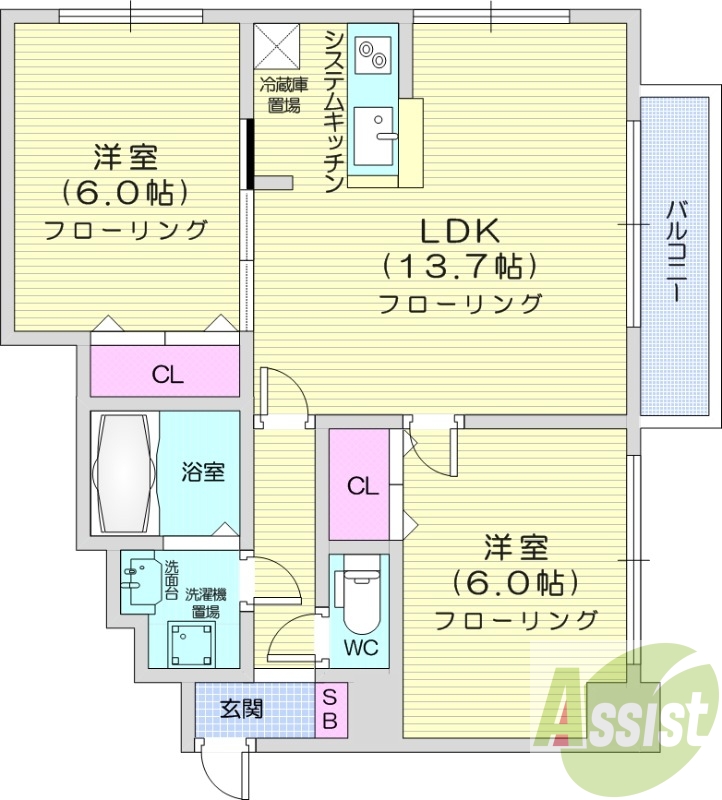 2LDK、バストイレ別、エアコン、システムキッチン
