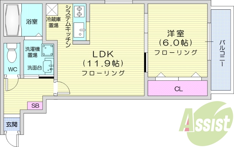 1LDK、角部屋、エアコン、ネット無料、バルコニー