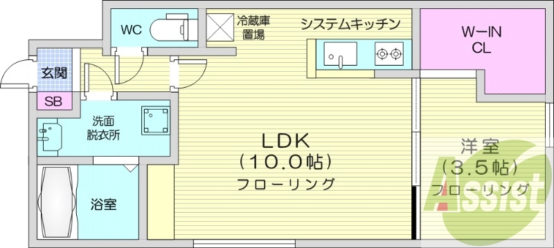 1LDK、都市ガス、エアコン、システムキッチン