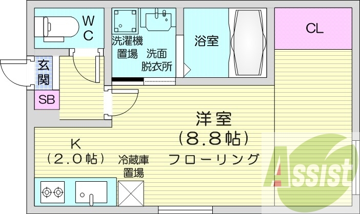 1K、エアコン、システムキッチン、オートロック