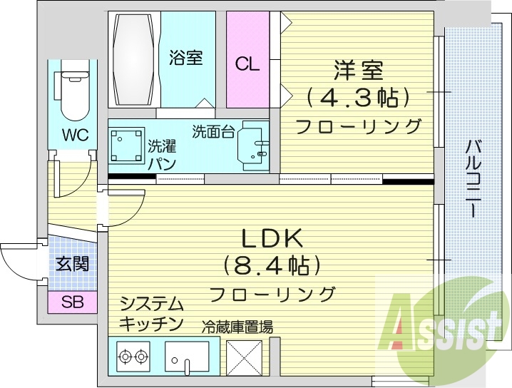 1LDK、都市ガス、エアコン、システムキッチン、ネット無料