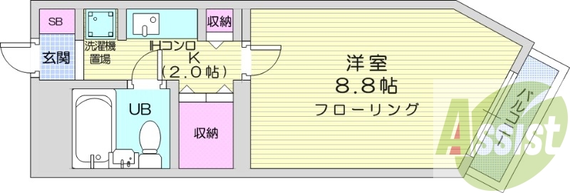 １Ｋ、都市ガス、バルコニー、宅配BOX、ガス暖房