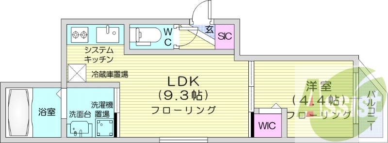 1LDK、都市ガス、エアコン、システムキッチン、屋内駐輪場