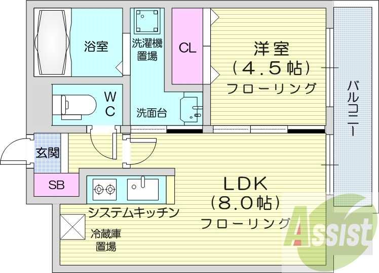 1LDK、都市ガス、エアコン、システムキッチン、ネット無料