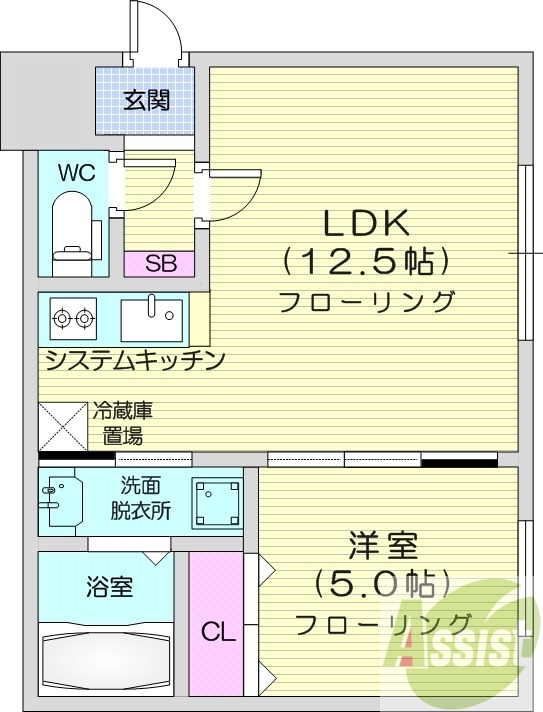 1LDK、システムキッチン、都市ガス、エアコン