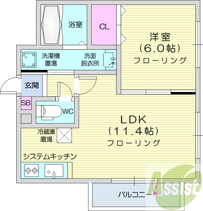 1LDK、エアコン、都市ガス、システムキッチン