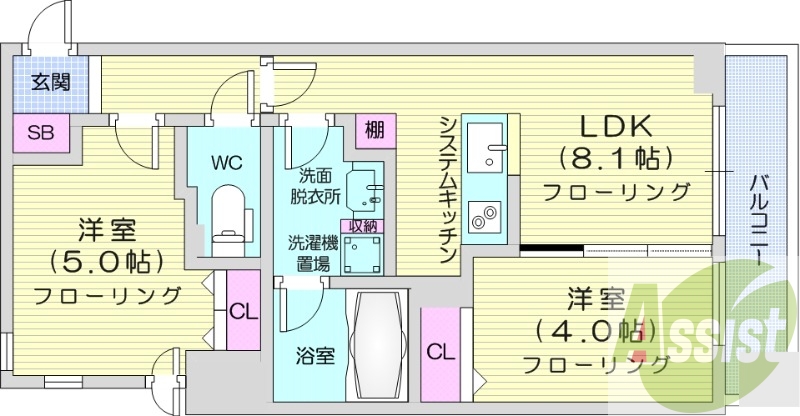 2LDK、都市ガス、床暖房、追い焚き、エアコン、オートロック