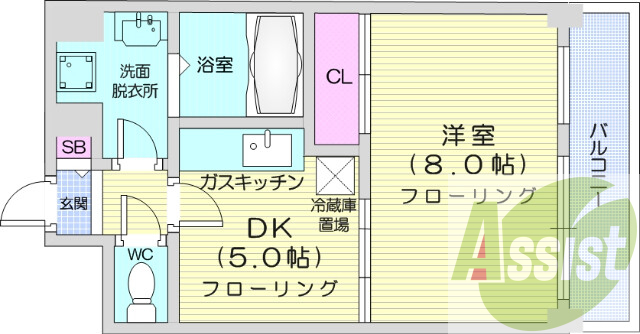 1DK、都市ガス、灯油暖房、洗髪洗面化粧台