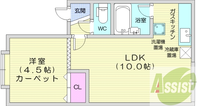 1LDK、シャワートイレ、バストイレ別、ガスキッチン