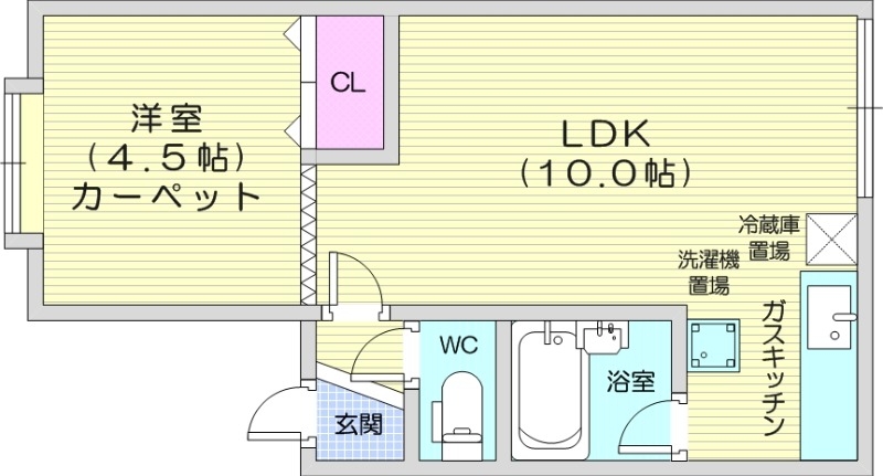 1LDK、シャワートイレ、バストイレ別、ガスキッチン