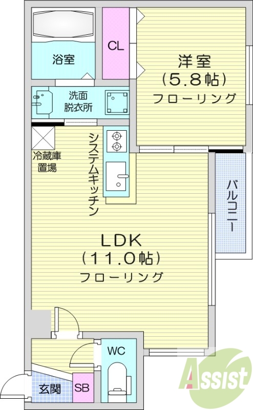 1LDK、都市ガス、シャワートイレ、システムキッチン